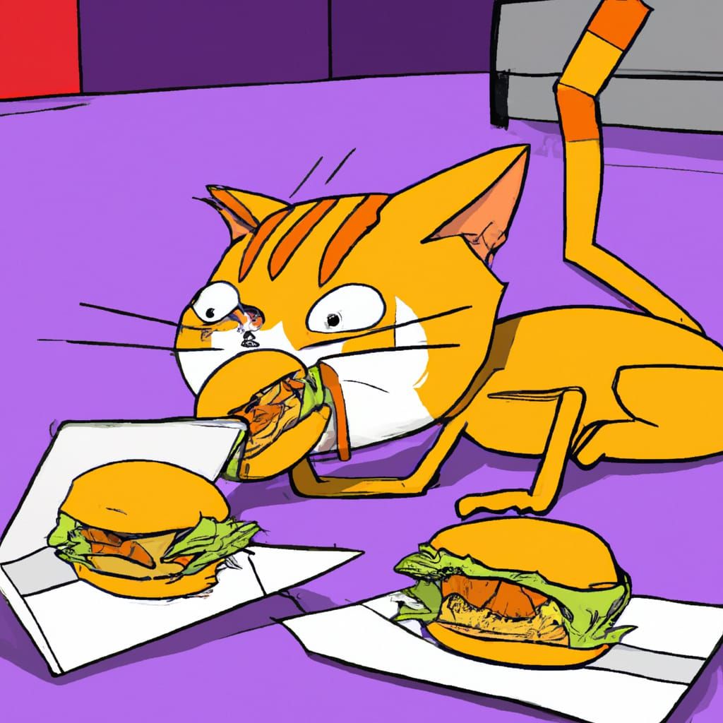 Vibrant Cartoon Feline in Hyper Reality Munches on Fries