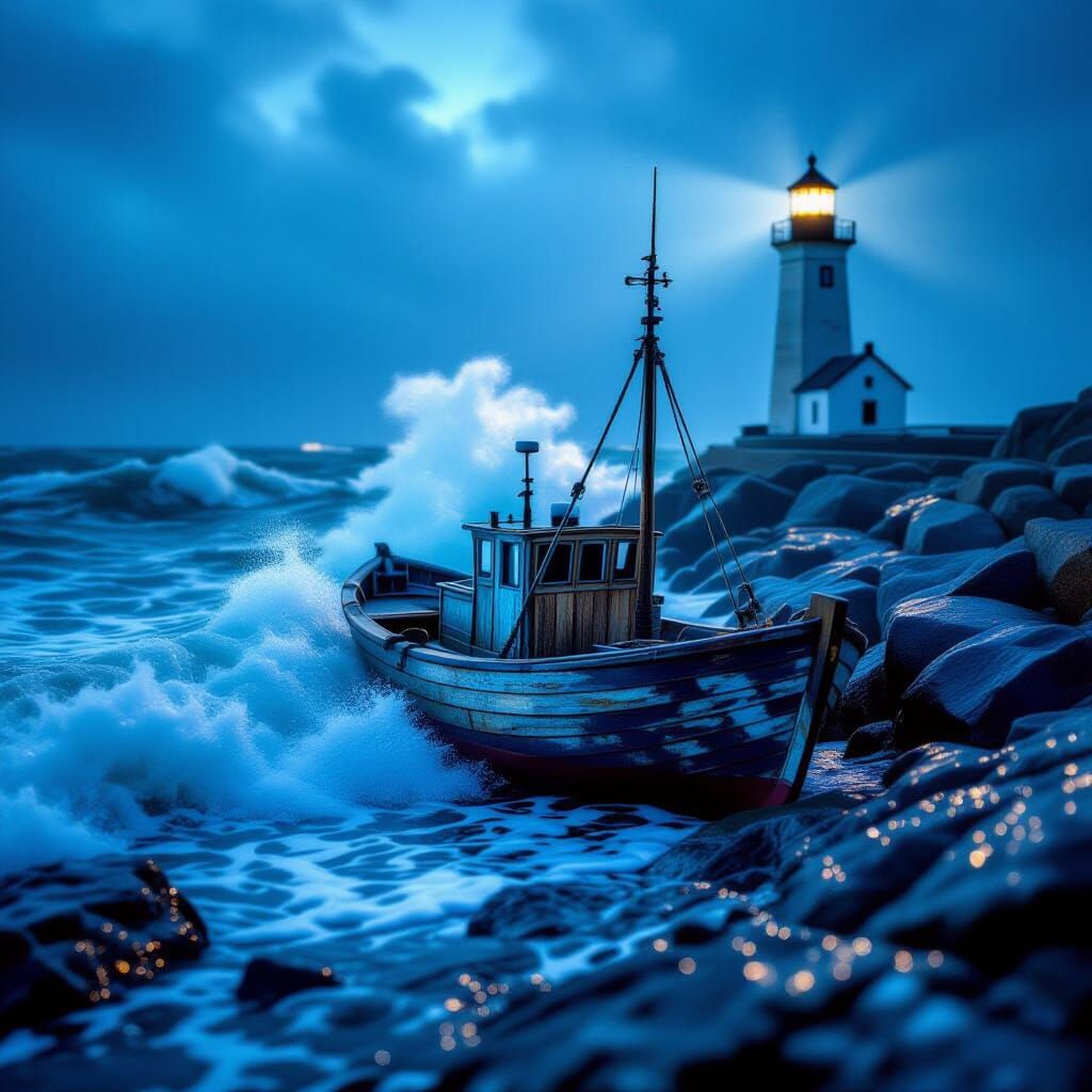 Sea Glass Mosaic: Lighthouse Guides Boat Through Stormy Seas