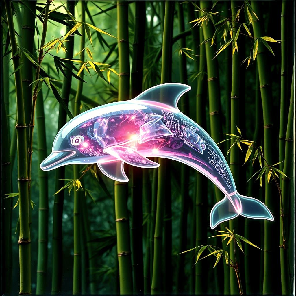 Futuristic Dolphin Hologram Bamboo Frosted Glass Hyperrealism Klimt-esque Ansel Adams