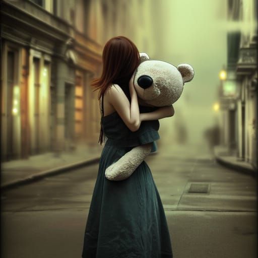 Woman Hugging One-Eyed Teddy Bear on Urban Street