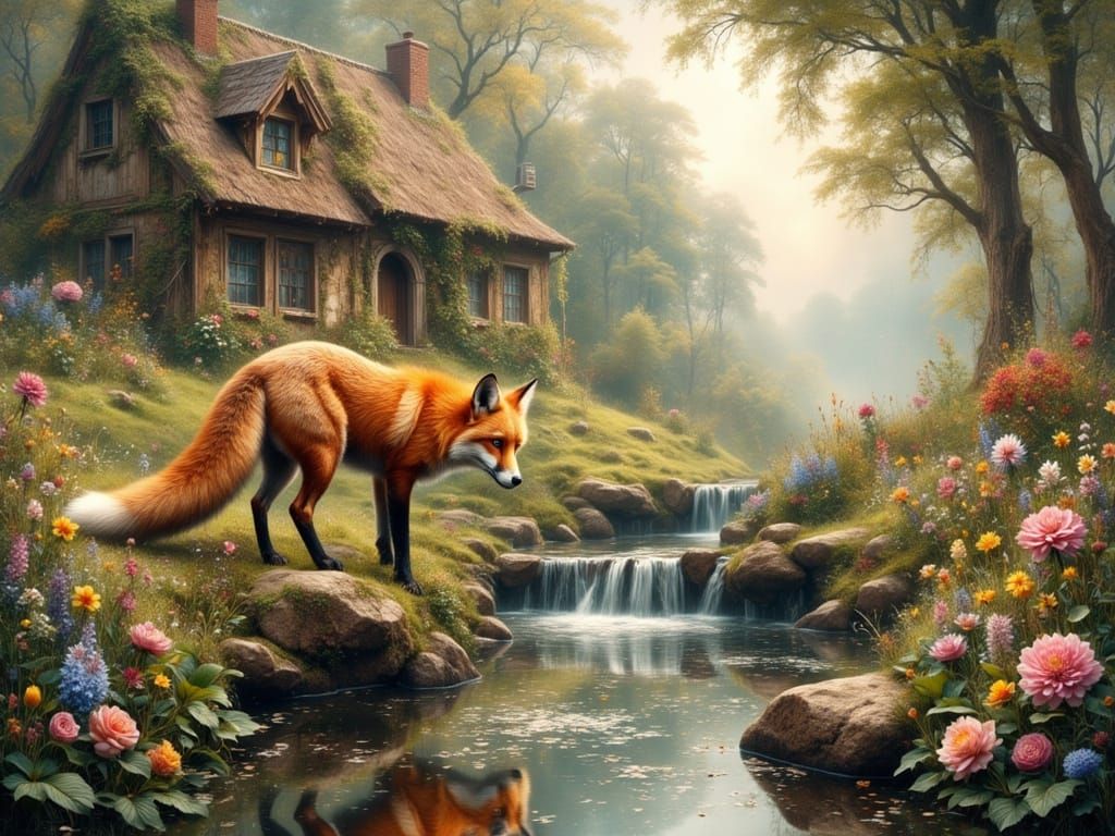 Fox in Baroque Garden by Stream