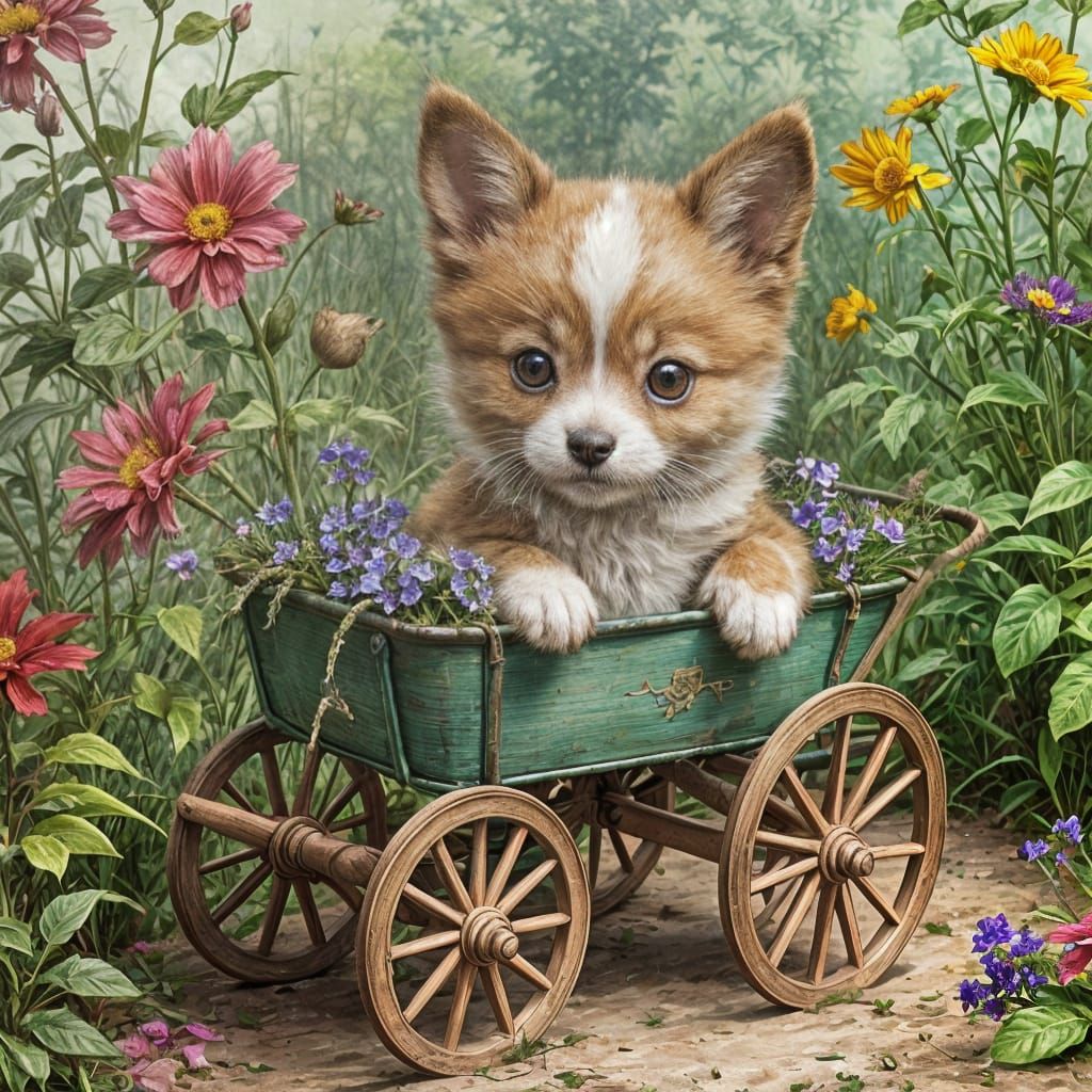 Puppy and Kitten Adventure in Alcohol Ink Style