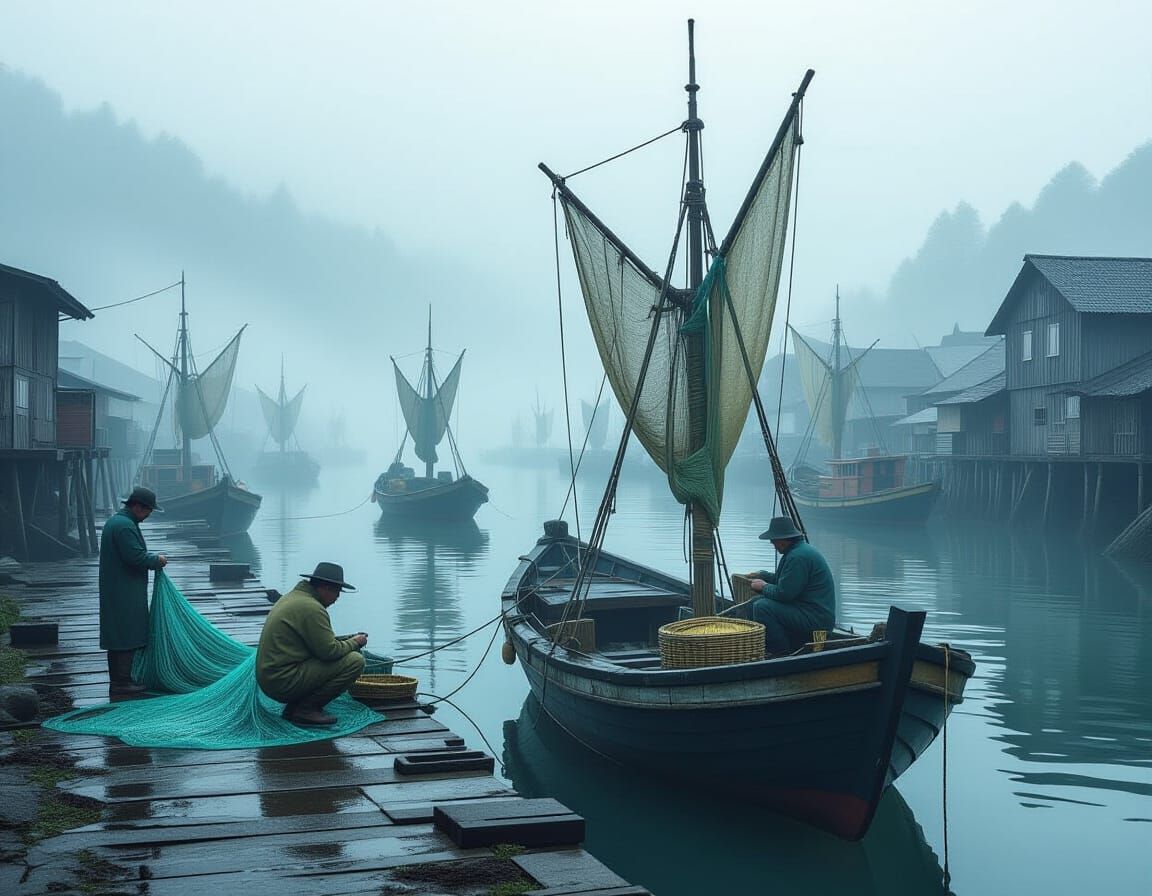 Foggy Fishing Village with Magical Nets