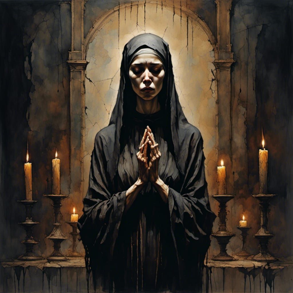 Nun with Eye Patch Praying in Darkness