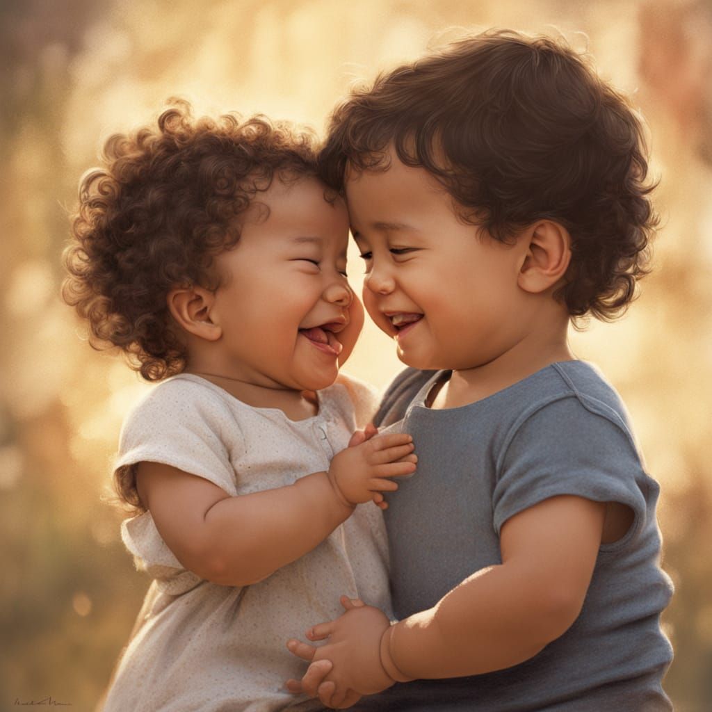 Newborn Baby Giggles in Daddy's Arms, Painted Style