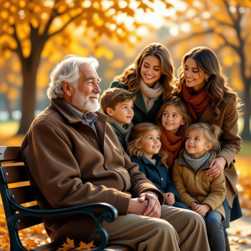 Elderly Man Contemplates Autumn Park Scene with Family