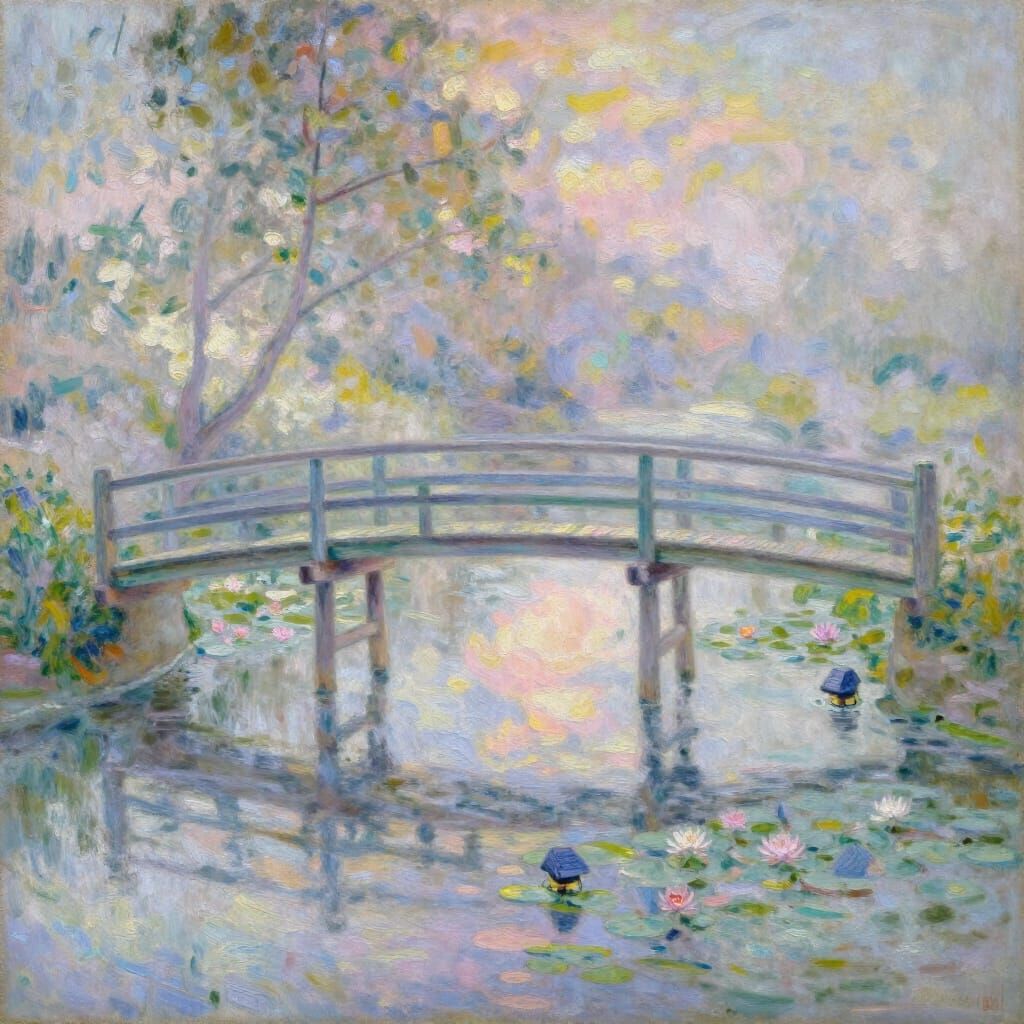 Monet-Style Glass Bridge Over Pond Sunrise