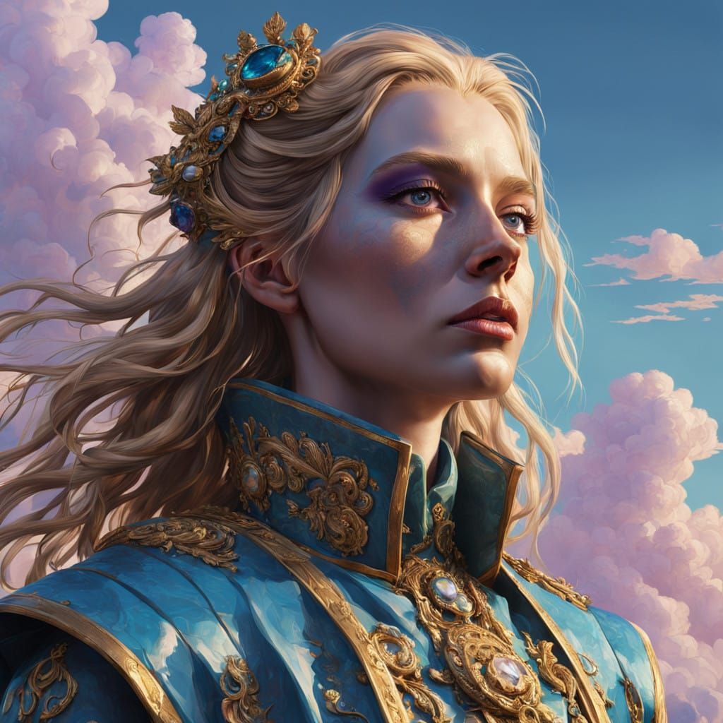 Regal Blond Goddess Emerging from a Vibrant Dreamworld