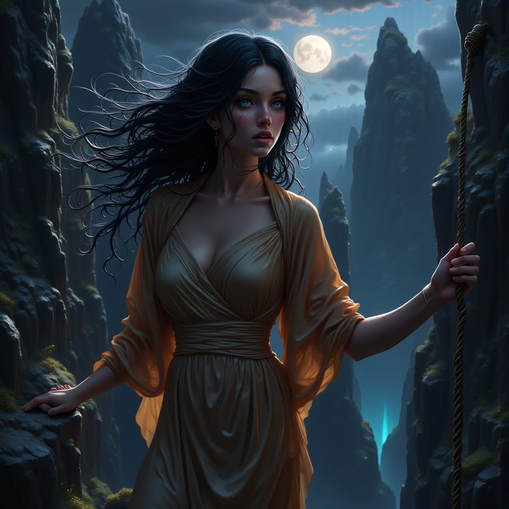 Woman's Perilous Canyon Escape in Dark Futuristic Style