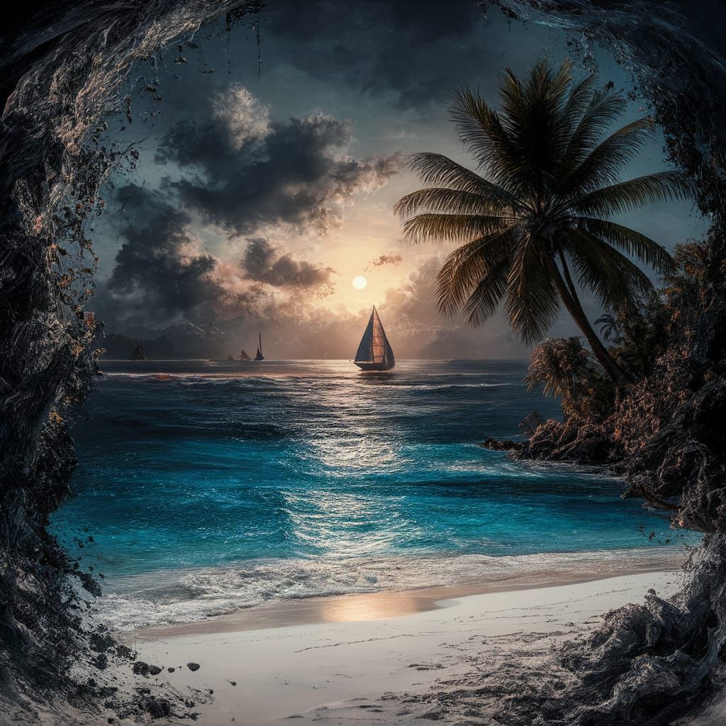 Vibrant Impasto Sunset on a Deserted Tropical Beach