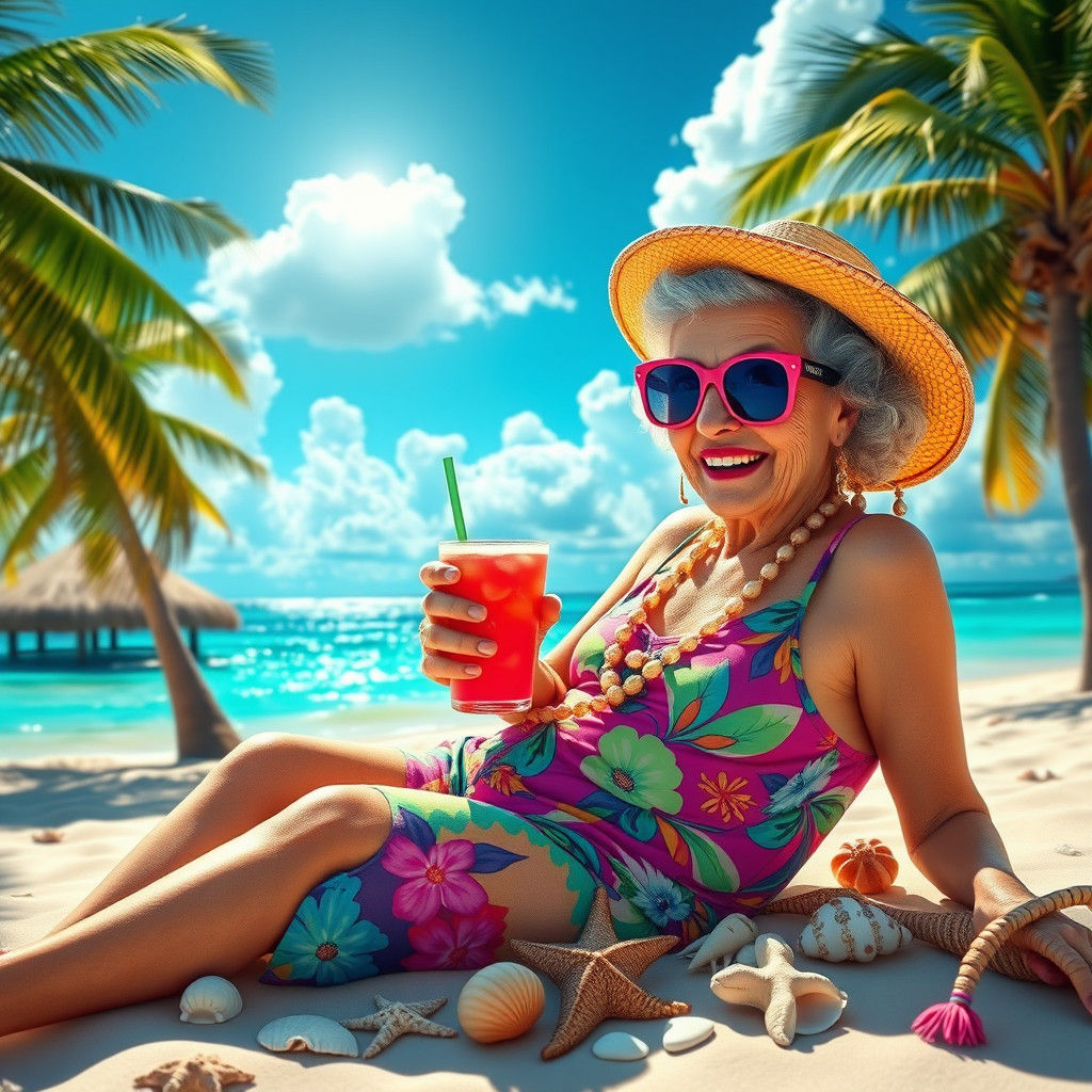 Eccentric Granny Lounging on Beach in Fantasy Art Style