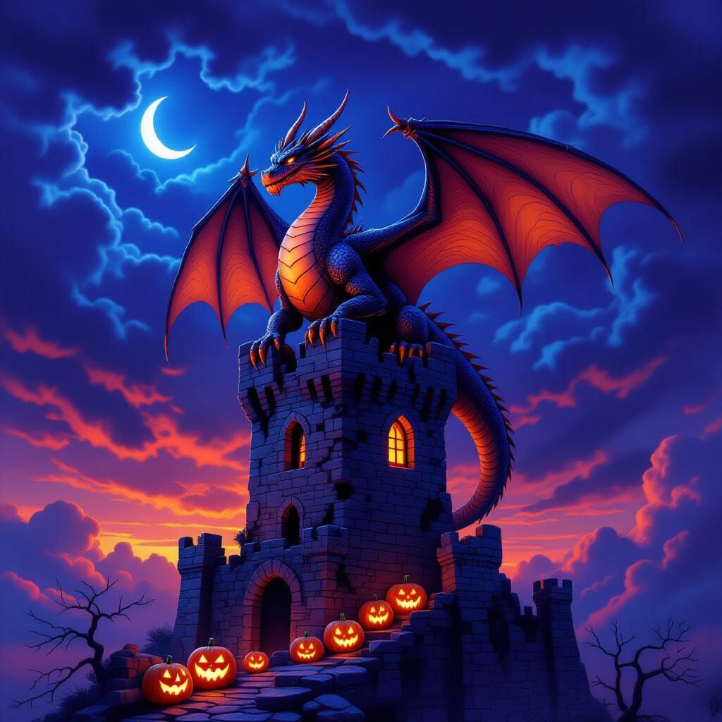 Magnificent Dragon on Ancient Tower Halloween Night