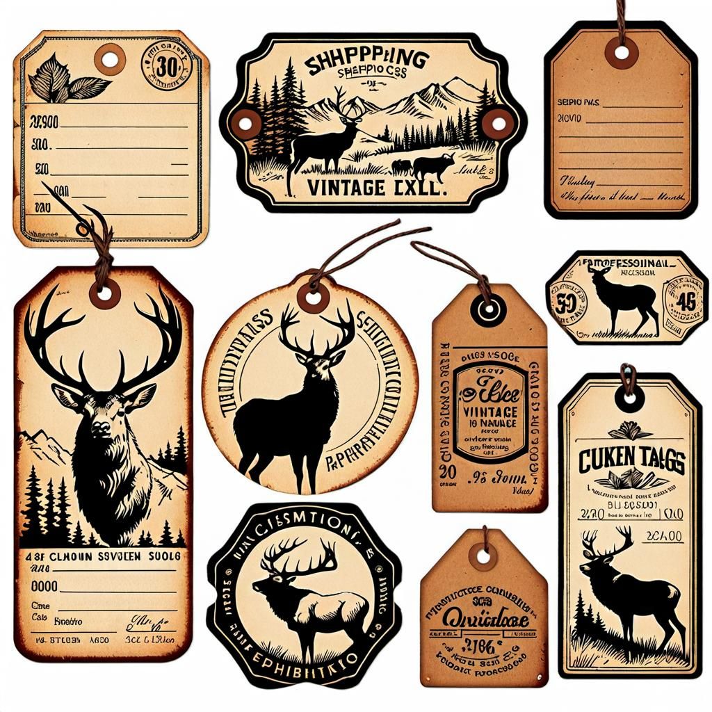 Vintage Shipping Tags with Elk Sketch