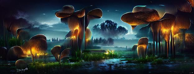 Glowing Marsh Mushroom Landscape in Teal and Turquoise
