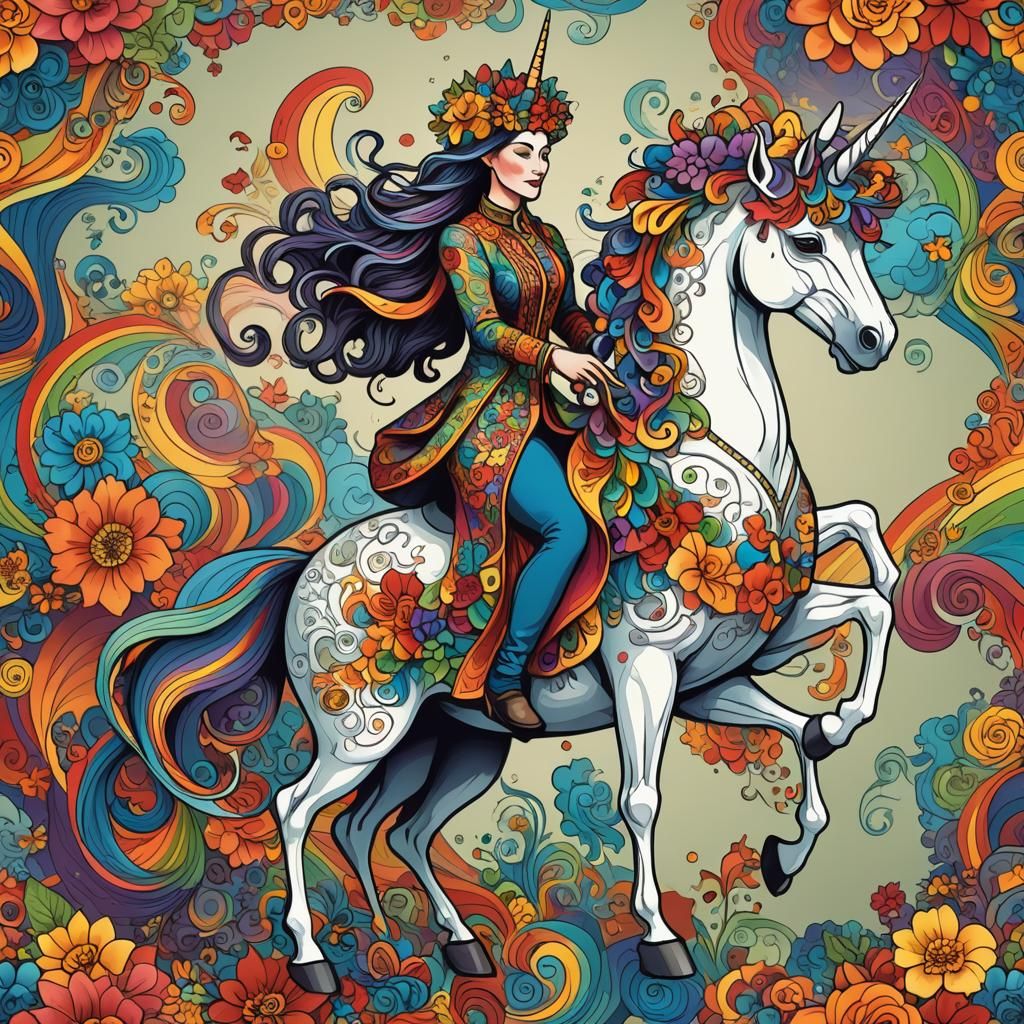Female Magician Rides Rainbow Unicorn: Abstract Digital Art