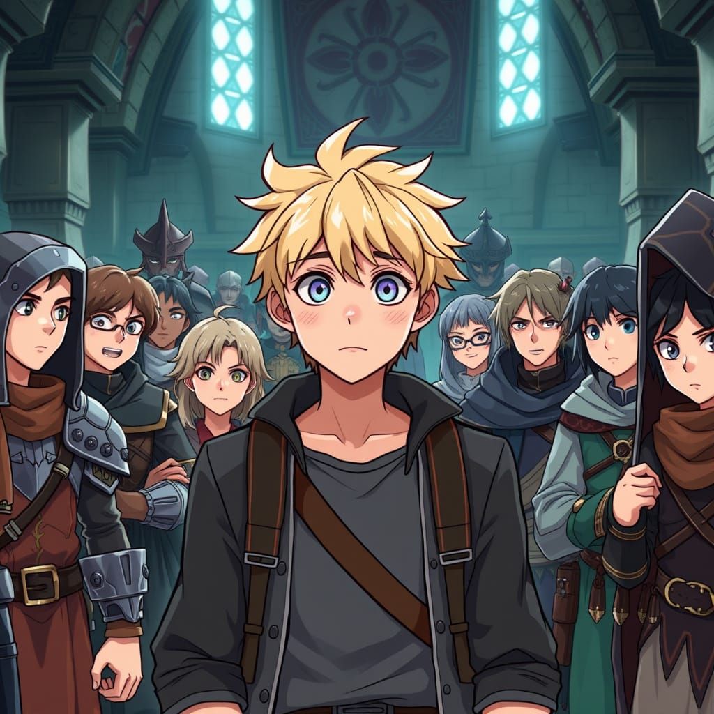 Young Hero Surrounded by Fantasy Adventurers in a Guild