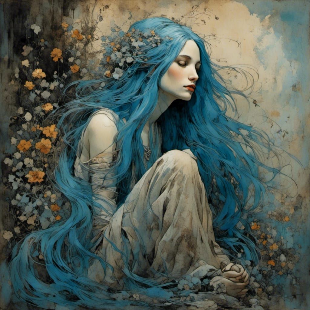 Blue-Haired Girl Daydreaming in Neo-Expressionist Watercolor