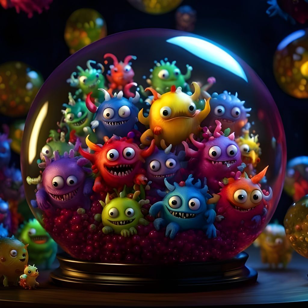 Vibrant Baby Monsters in Glass Sphere, 3D Render
