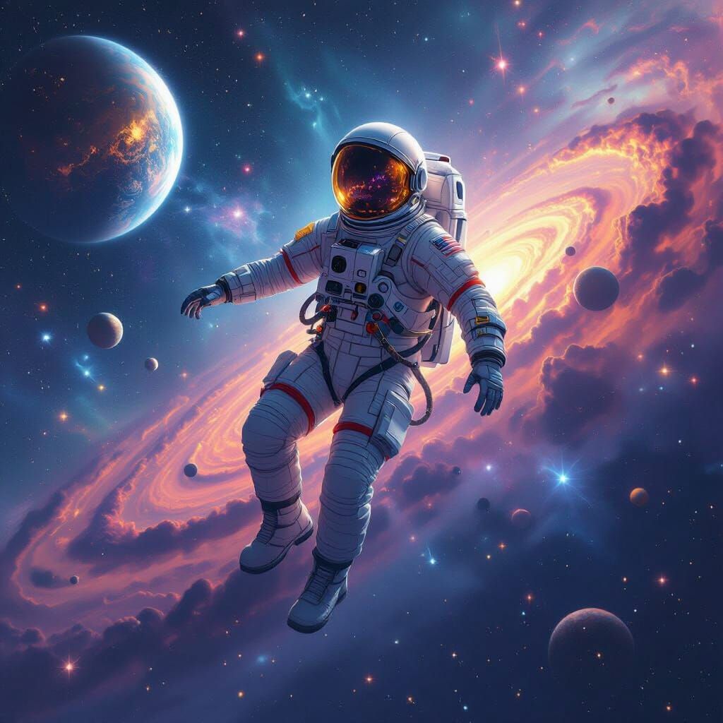 Astronaut in Spacesuit Amidst Cosmic Landscape