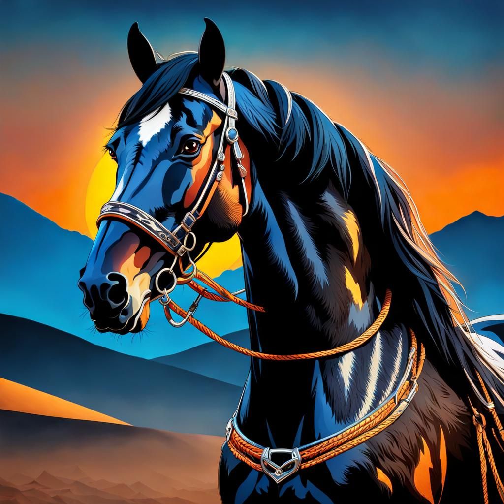 Black Horse with Pumpkin Eyes in Desert Landscape