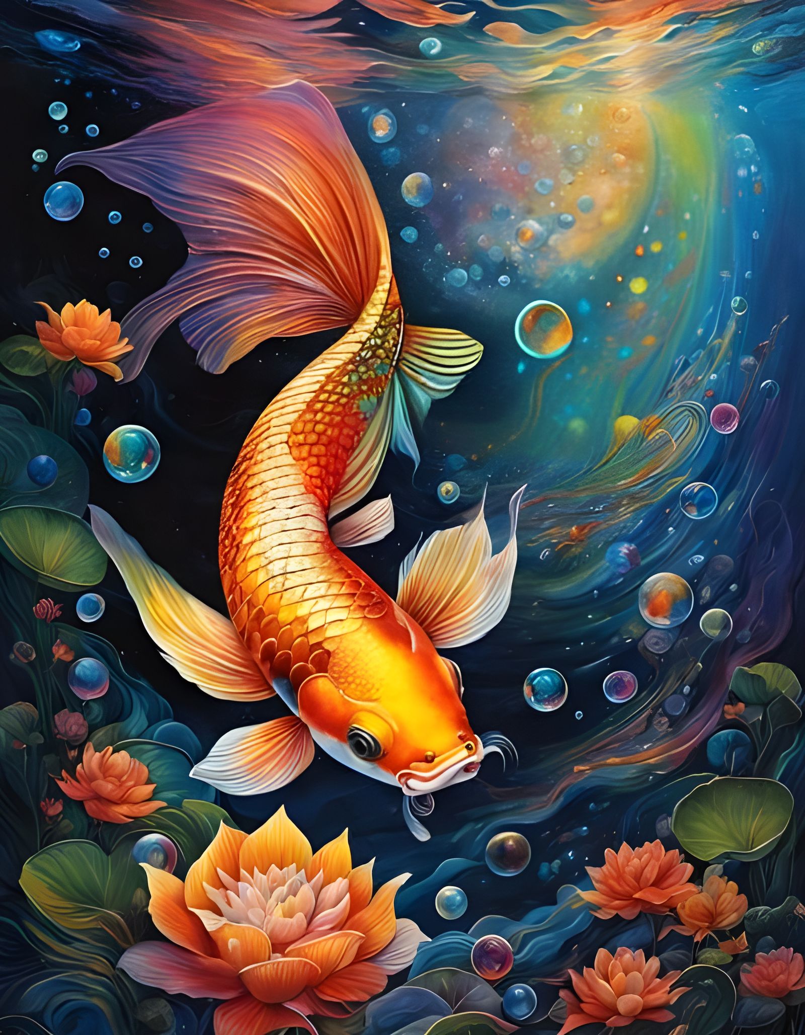 Rainbow Koi Fish in Dark Water with Bubbles