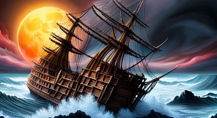 Skeleton Ship in Maelstrom Under Red Moon