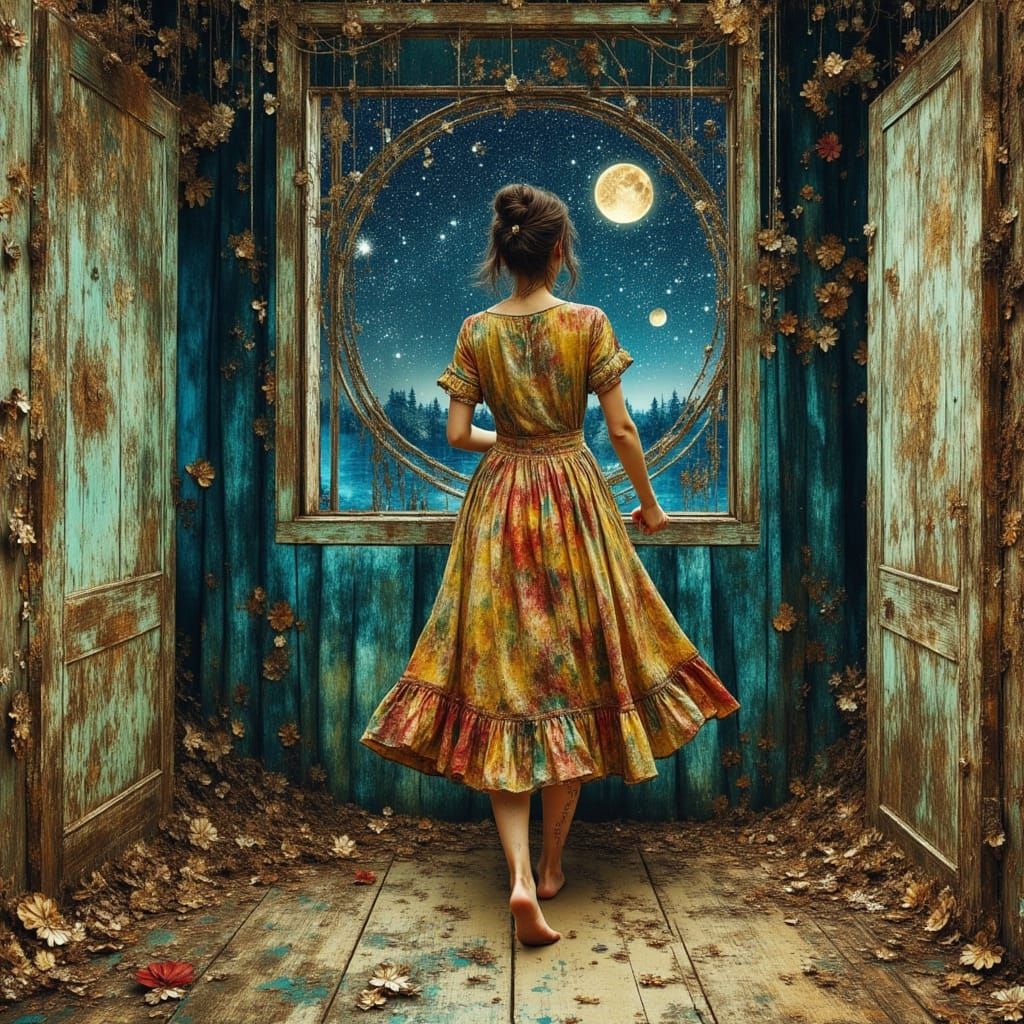 Cosmic Surrealist Woman Stands by Window with Stained Dress