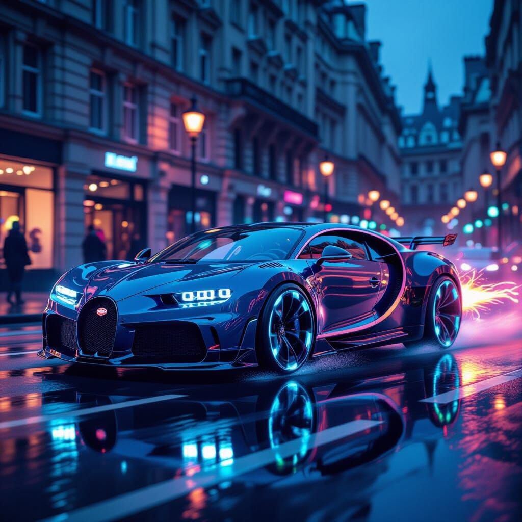 Bugatti Sports Car Roars Through Neon-Lit London Streets