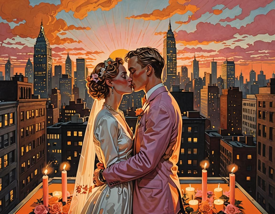 Art by J.C. Leyendecker, Keith Haring, an claustrophobic rooftop lesbian wedding at sunset, the city skyline painted in ...