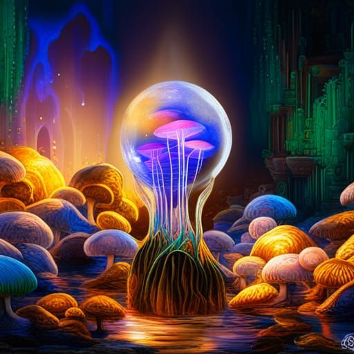 Luminescent Mushrooms in Glass Vase: Fantasy Concept Art
