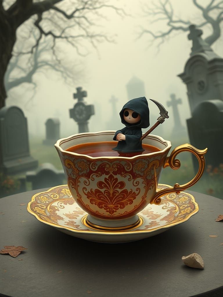 Chibi Grim Reaper in Teacup, Baroque Art