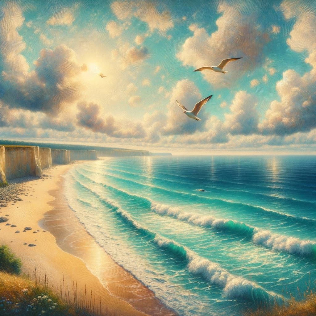 Serene Beach Scene in Impressionist Oil Painting Style