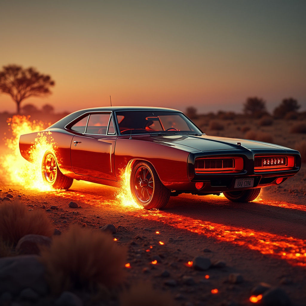 An evil looking 1970’s Dodge Charger, red and black, pentagram rims, molten lava tyres spinning up hot embers and leavin...