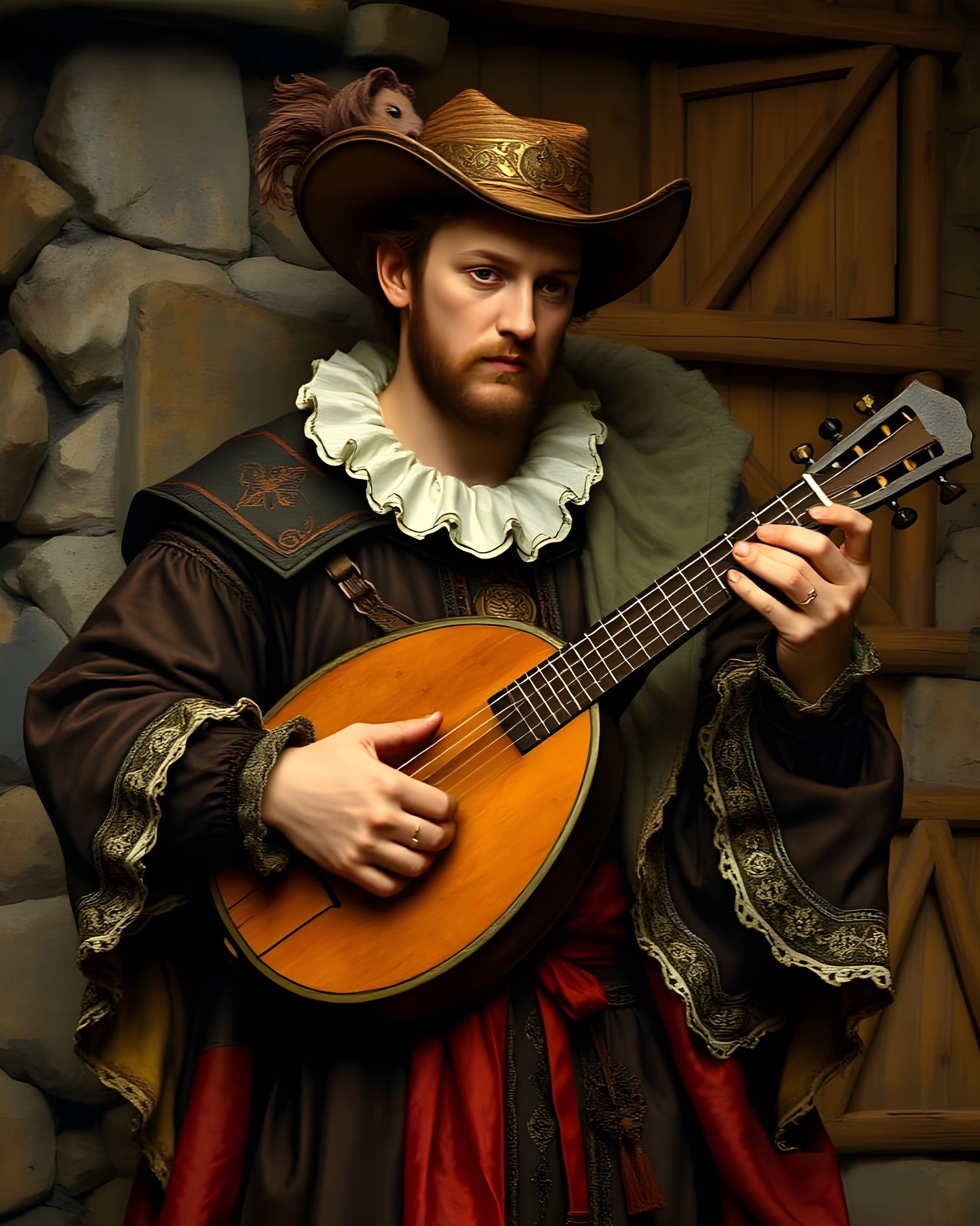 Medieval Troubadour with Lute in Ornate Clothing