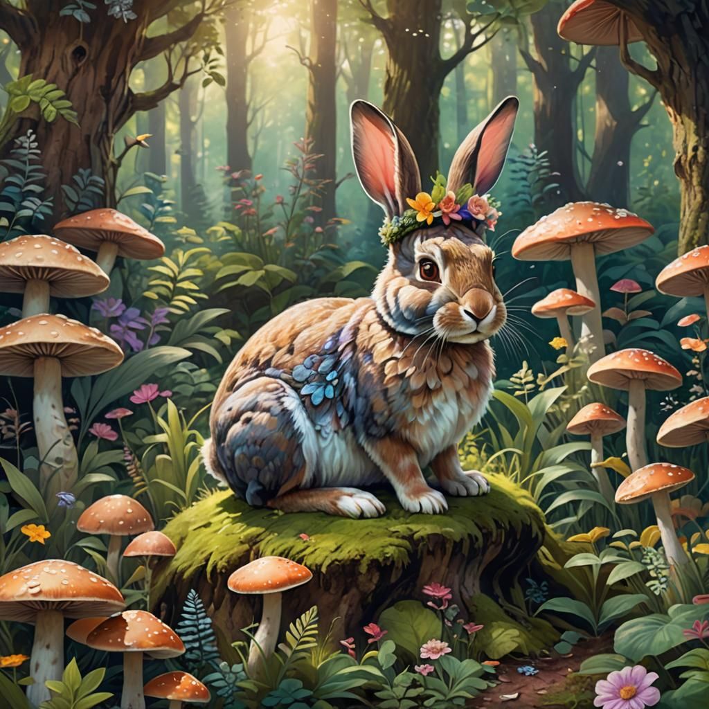 Rabbit with Flower Crown in Lush Forest