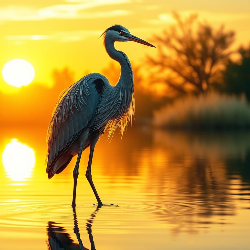 Ethereal Heron in Sunset Glory