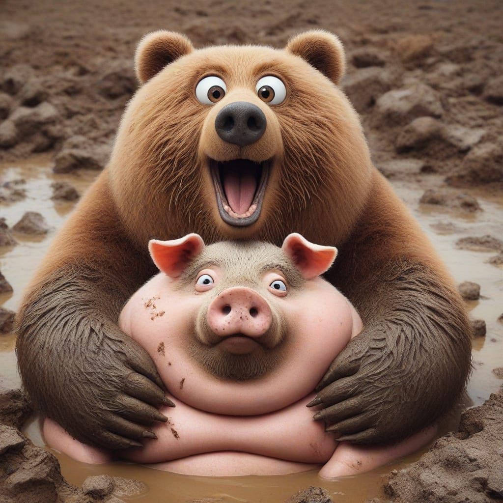 Bear Hugging Pig Duo Portrait Photograph