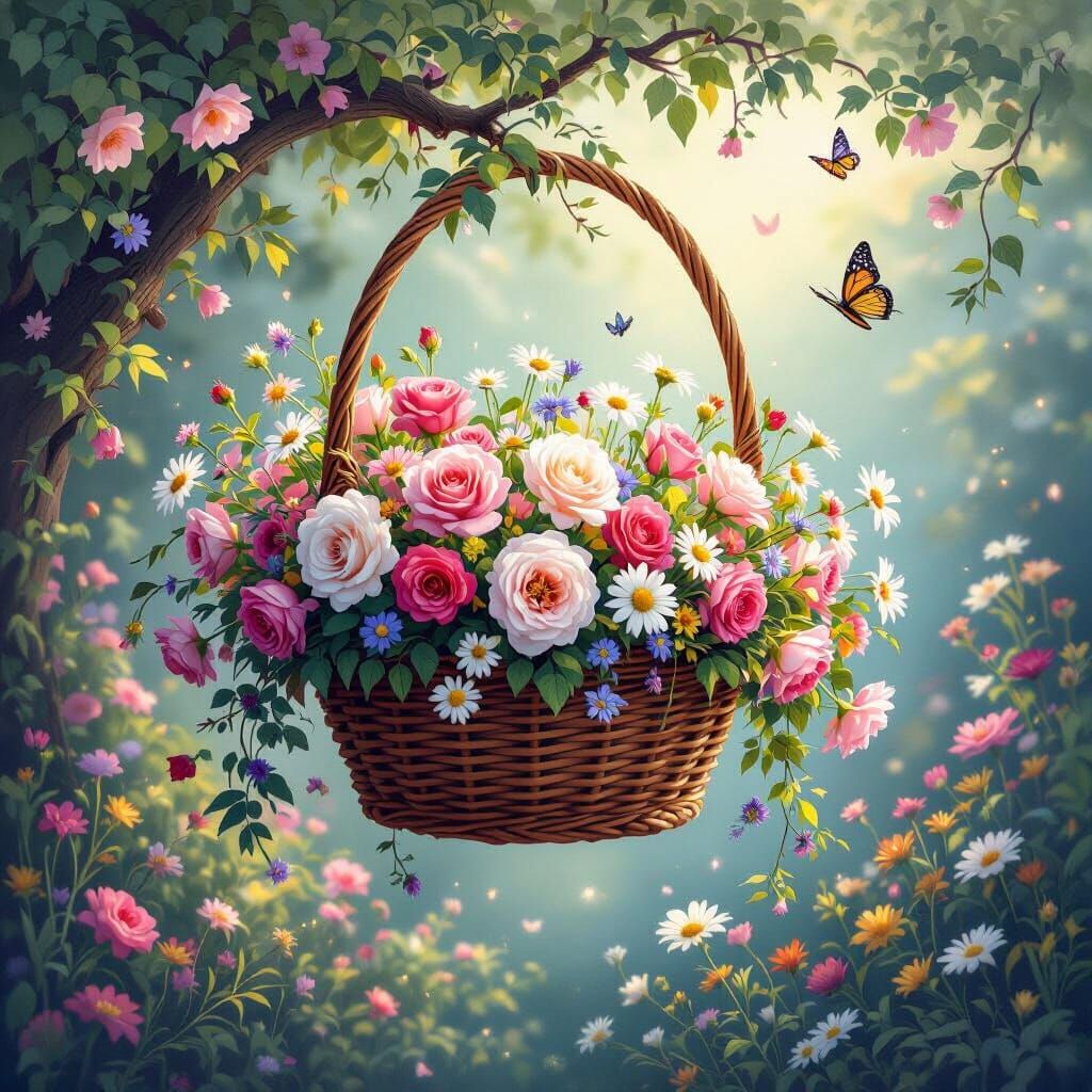 Enchanted Garden Still Life: Basket of Flowers Hanging from ...
