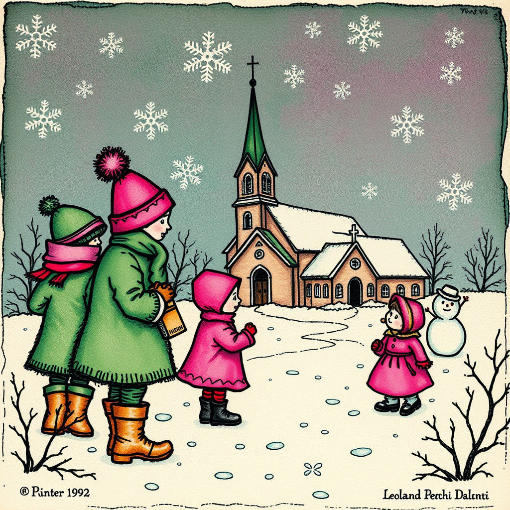 Vintage Winter Scene Postcard in Alcohol Ink Style