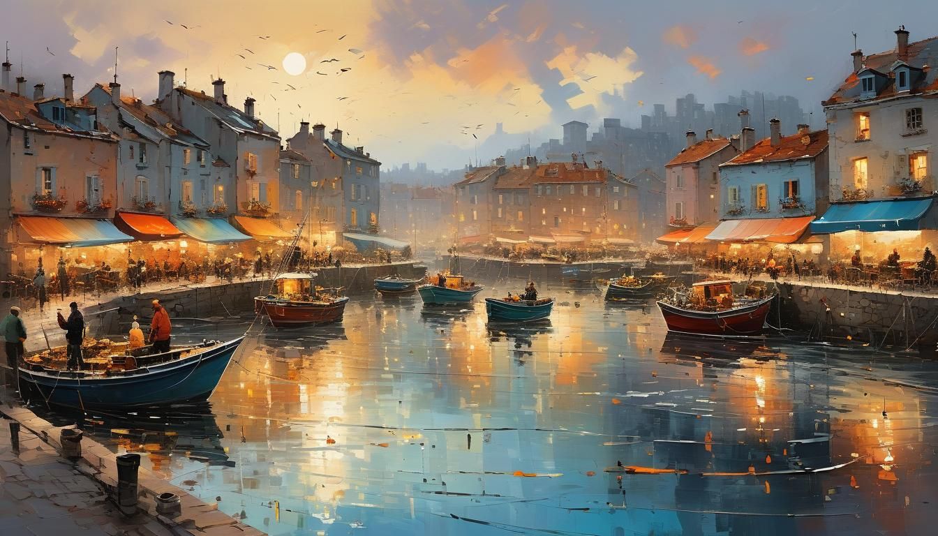 Vibrant Fishing Port Scene in Classic Style with Warm Hues a...