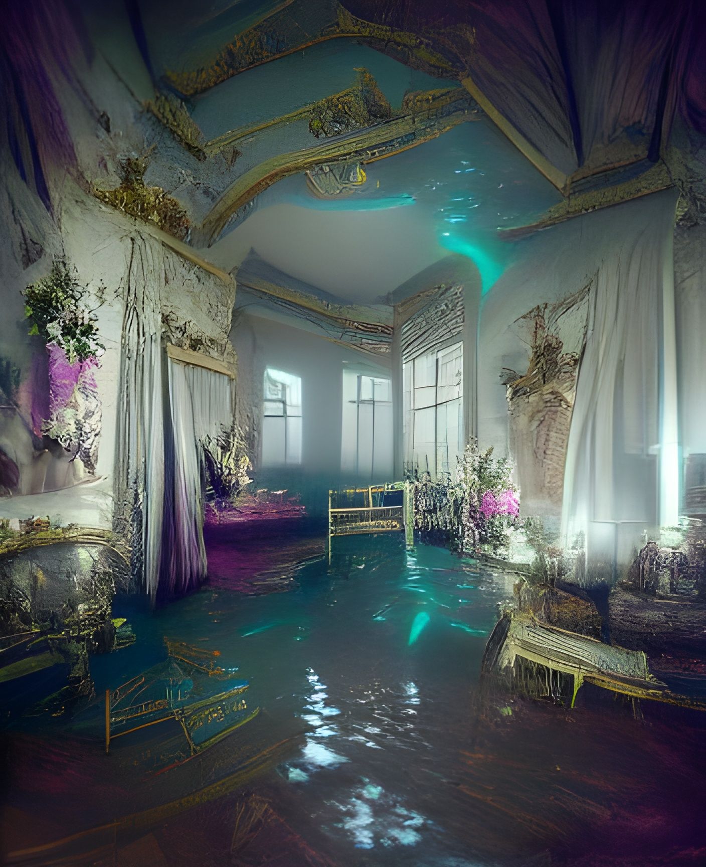 Flooded Rococo Room in Ethereal 3D Render