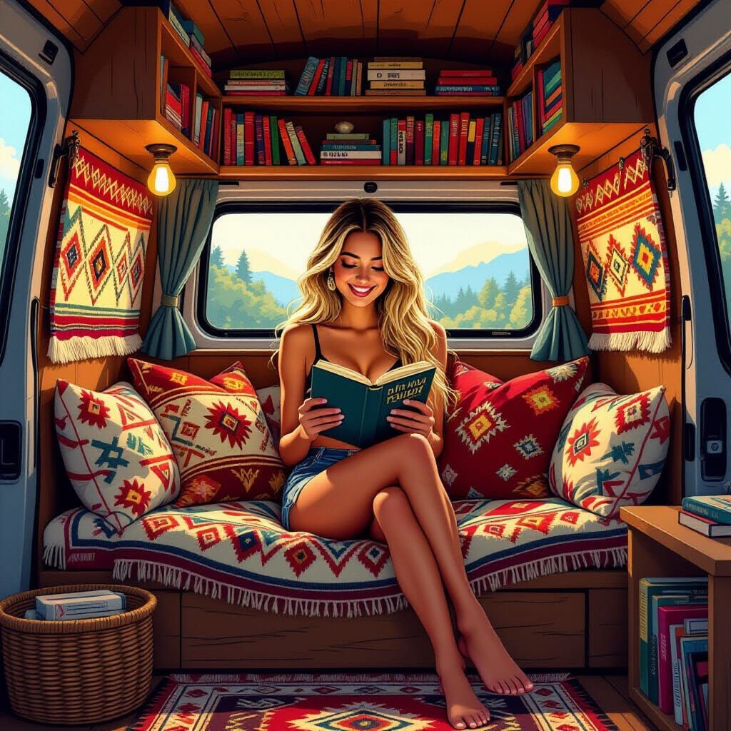 Cozy Van Book Nook With Woman Reading
