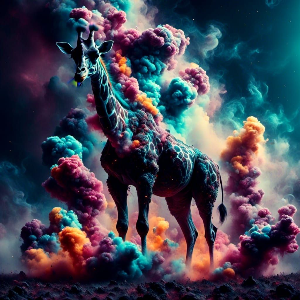 Cosmic Giraffe Portrait in Rainbow Mist