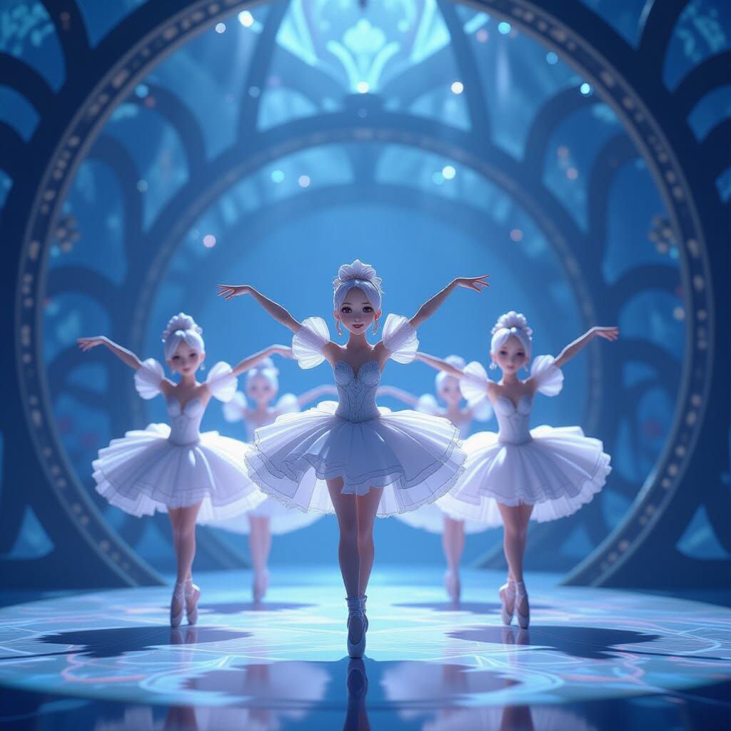 Ballerinas on Fantastical Stage in 3D Anime Style