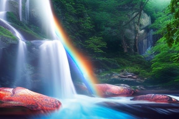 Salmon Journey Through Rainbow Waterfalls: Photorealistic