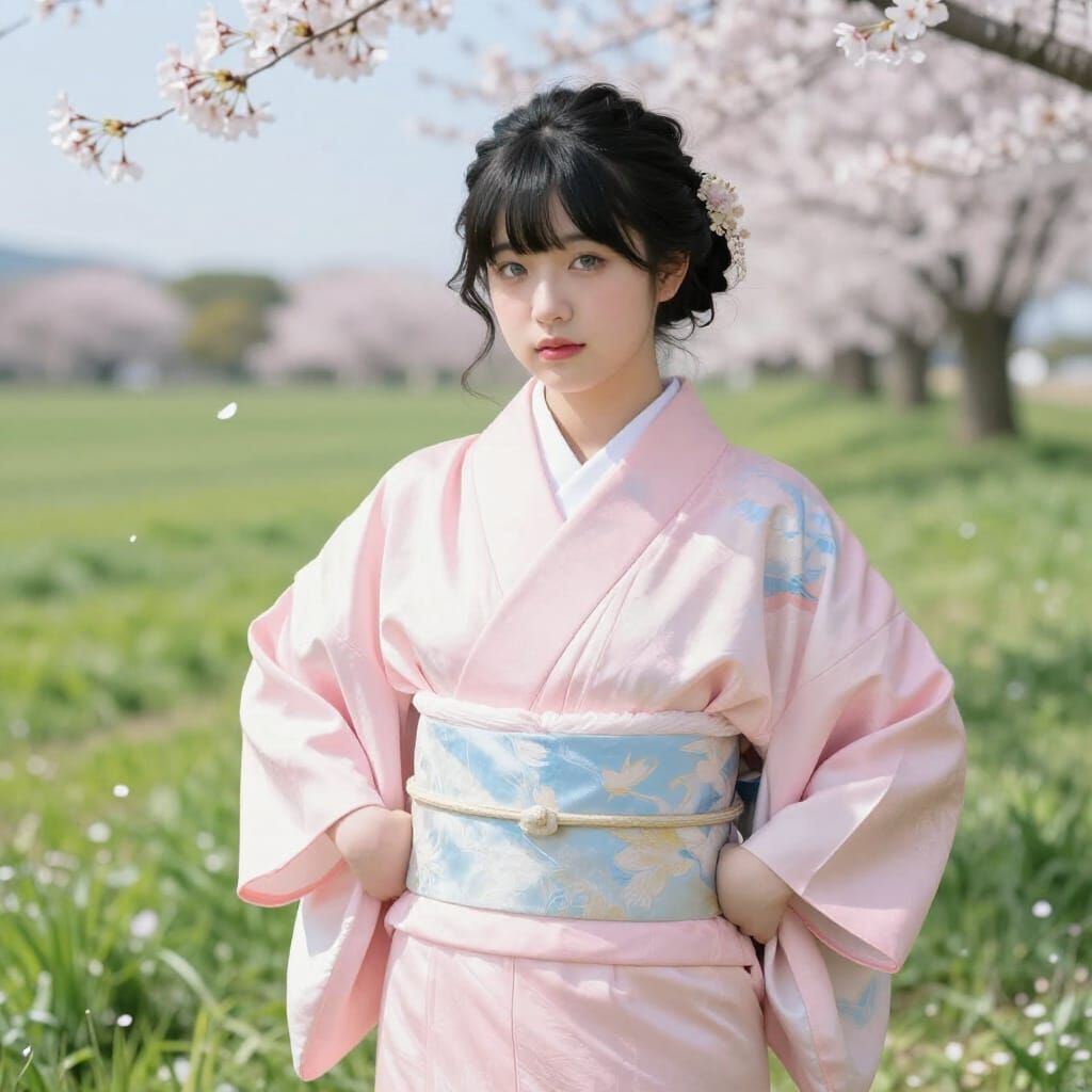Teenage Girl in Spring Meadow with Cherry Blossoms