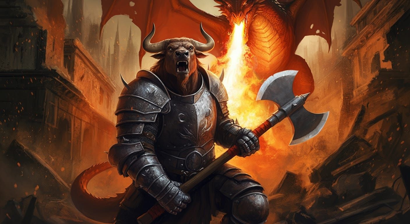 Dragon Engulfed in Flames Battles Armored Minotaur in Ruined...