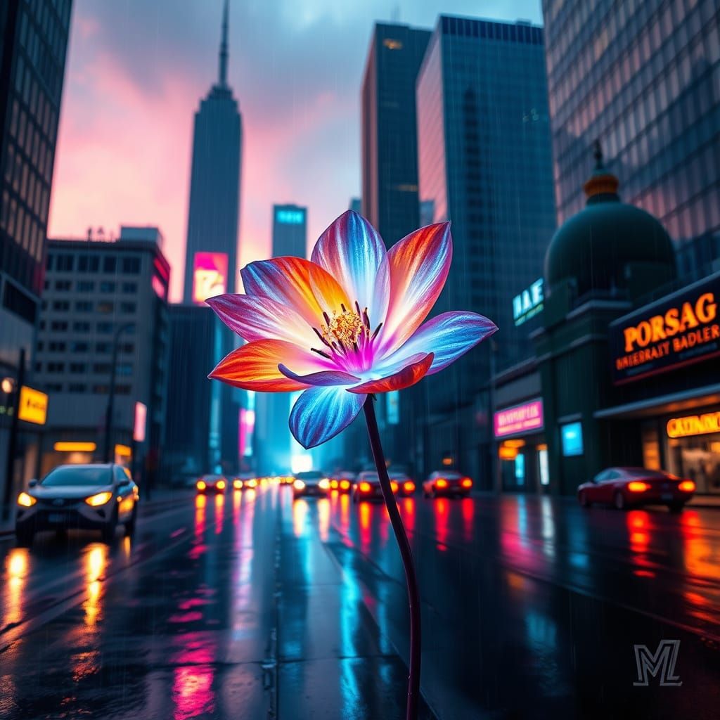 Dystopian Bloom in Neon Cityscape