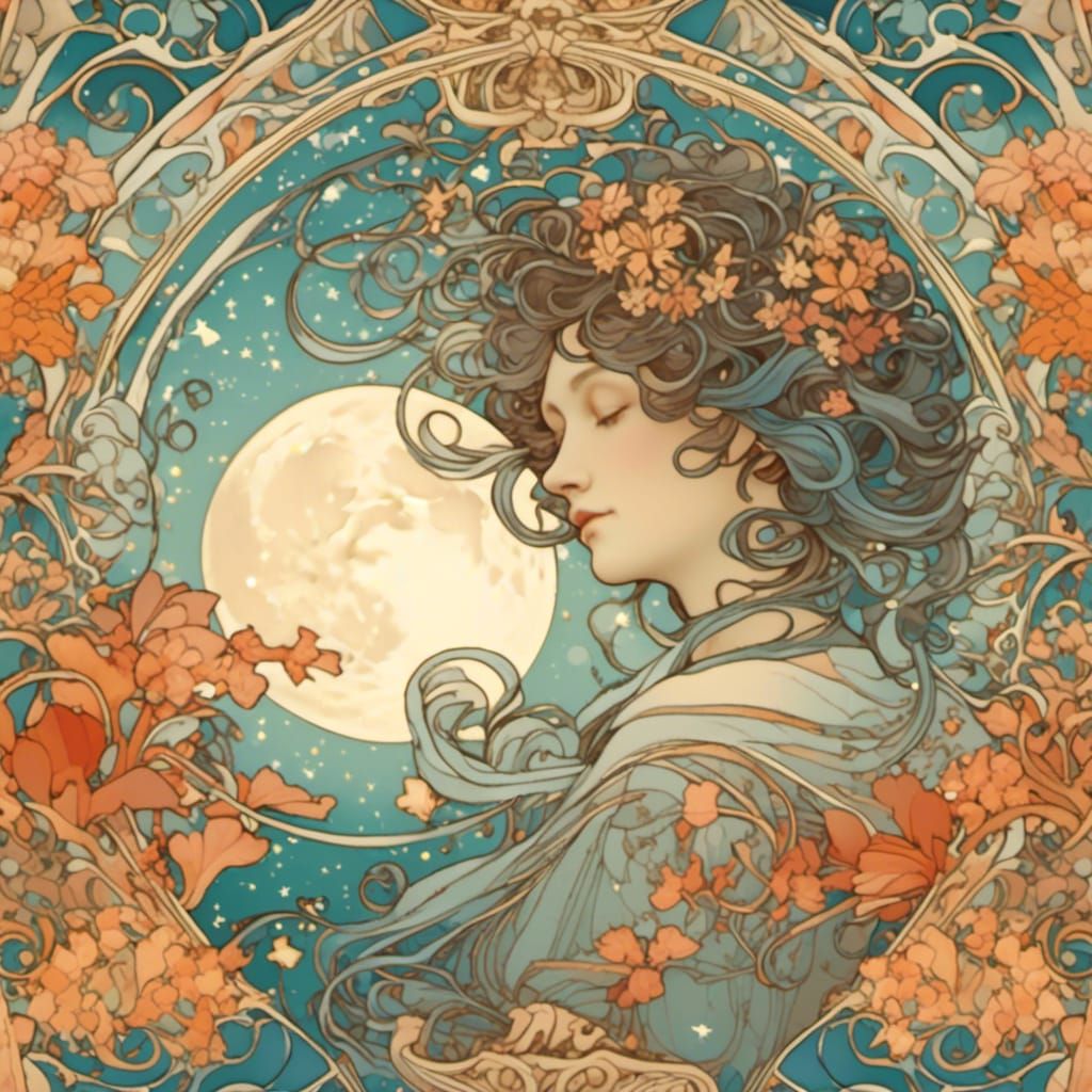 Ornate Butterfly with Moon in Art Nouveau Style