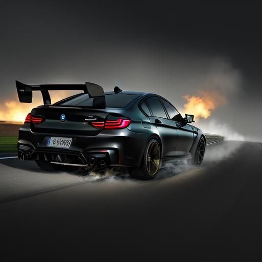 A sleek, high-performance bmw m5 sports car in a dark matte finish with vibrant green accents, positioned in a dramatic ...